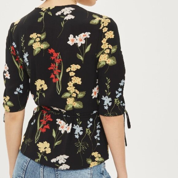 Topshop Floral Print Ruched Sleeve Wrap Top - Picture 2 of 15
